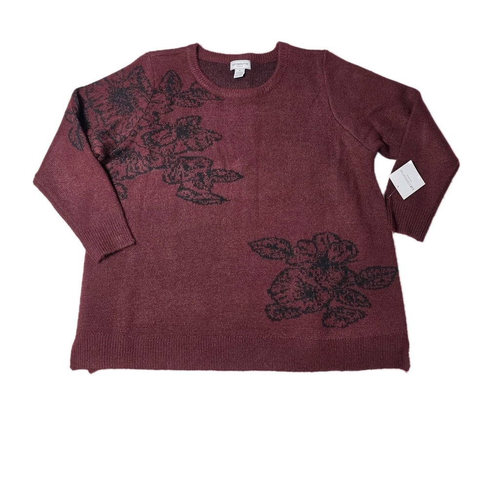 Liz Claiborne Women's Burgundy Floral Knit Sweater Size 2X Crewneck - Picture 2 of 7